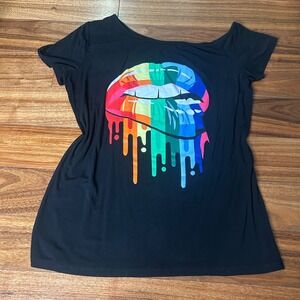 MAGICCMK Rainbow Lips Graphic‎ T-Shirt Off Shoulder Casual Top Size M